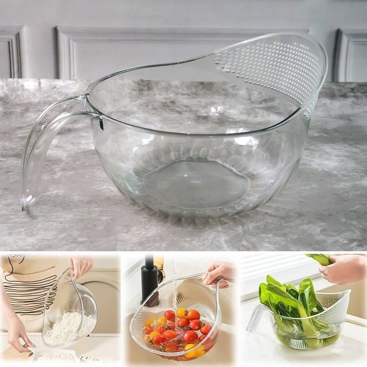 Household transparent plastic bowl used for storing fruits and vegetables