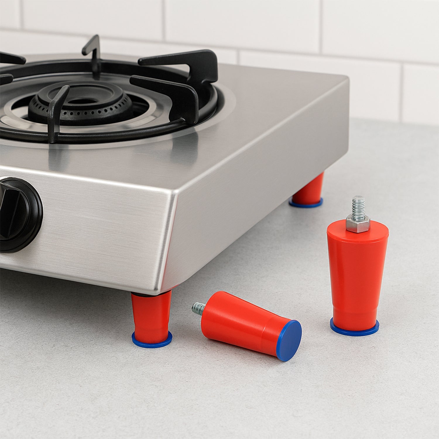 Close-up view of universal heavy-duty gas stove legs, highlighting material.