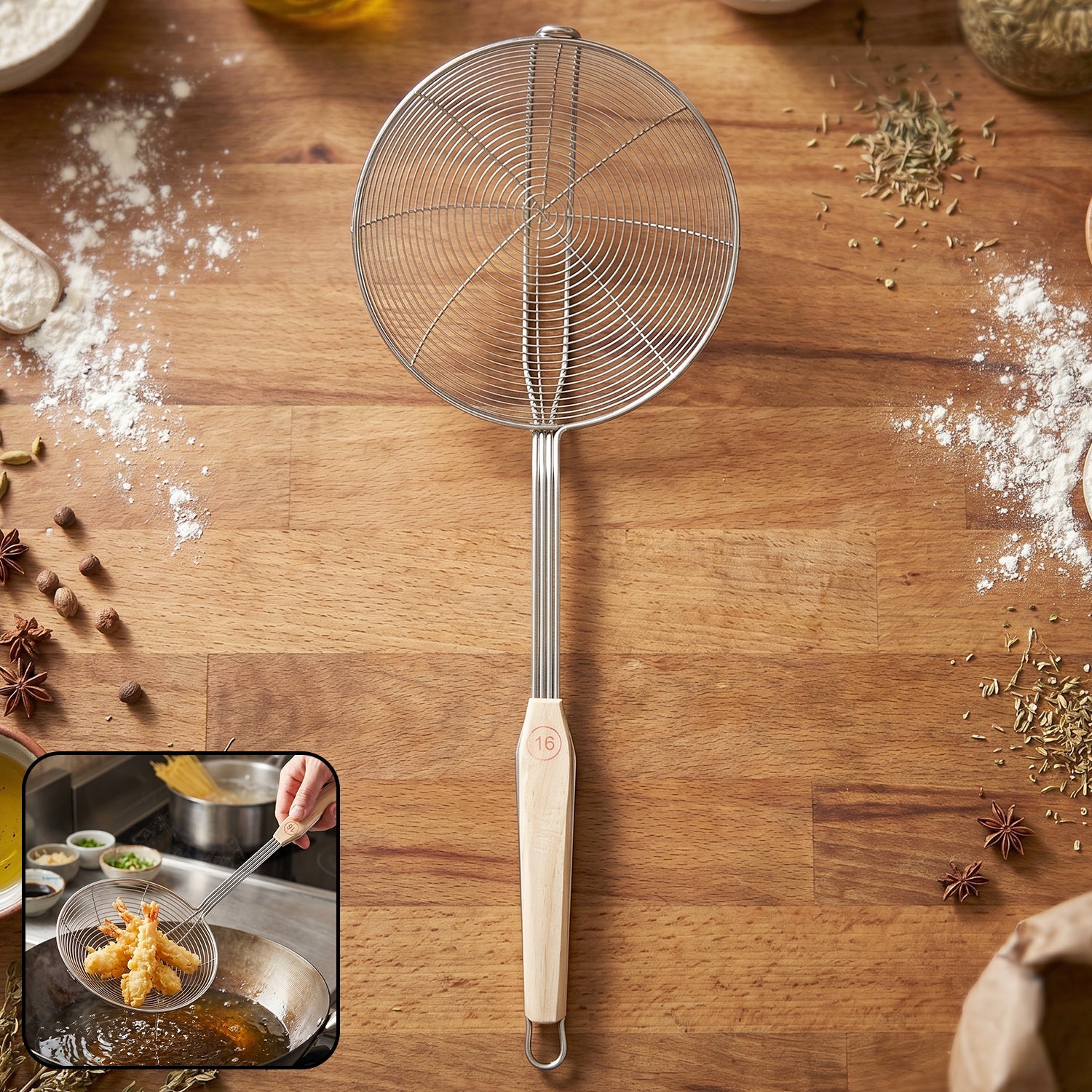 Stainless steel frying skimmer with wide mesh and wooden handle for safety and efficiency