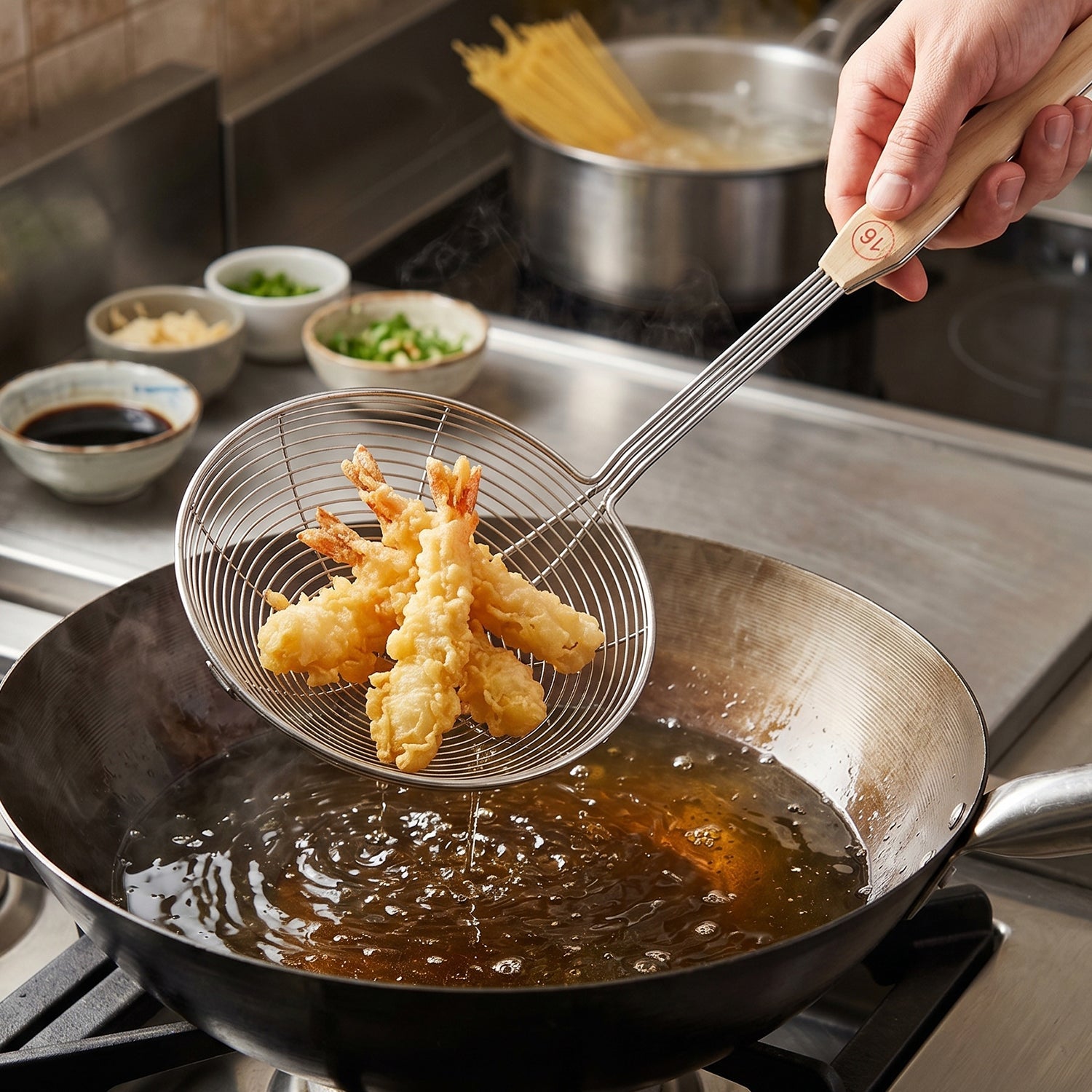 Long handle skimmer spoon for frying and draining hot oil