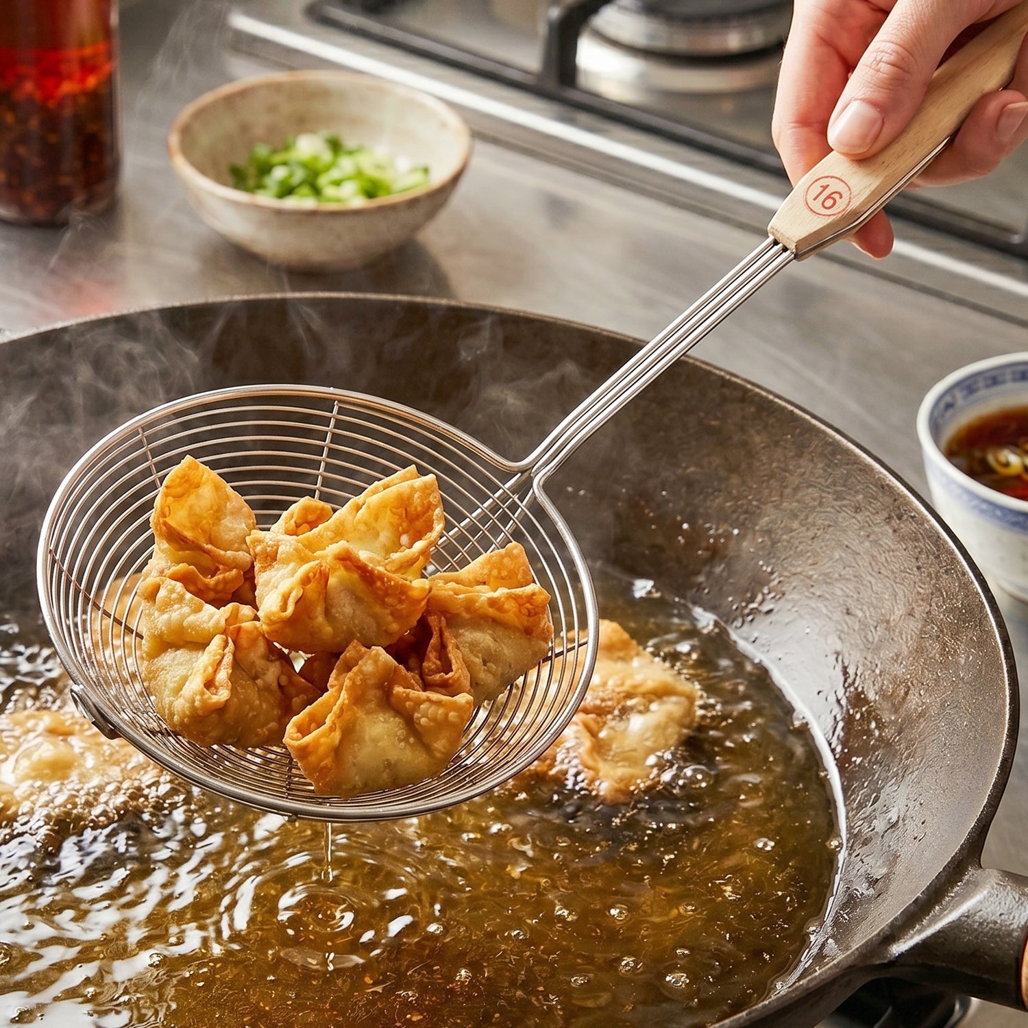 Kitchen oil strainer ladle with wooden handle for frying snacks like pakora and chips