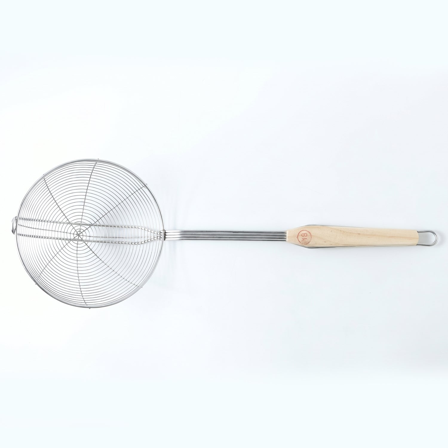 Stainless steel frying strainer with long handle for safe kitchen use
