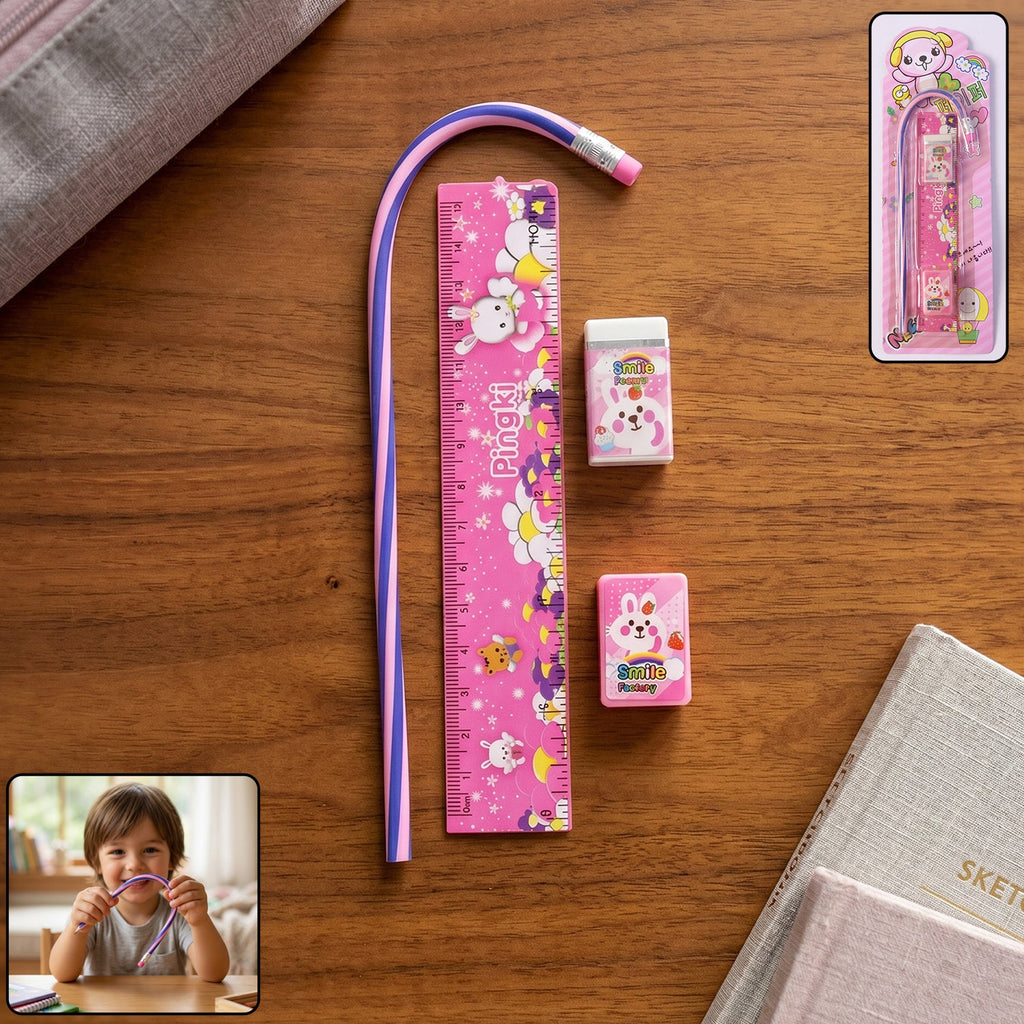 Kids stationery set with pink-themed ruler, pencil, eraser, and sharpener