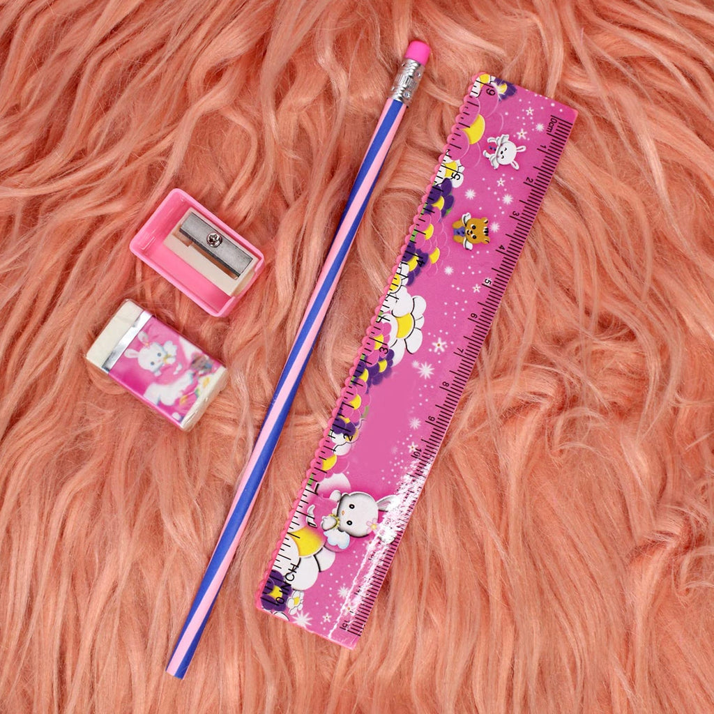 Kids stationery kit featuring ruler, pencil, eraser, and sharpener