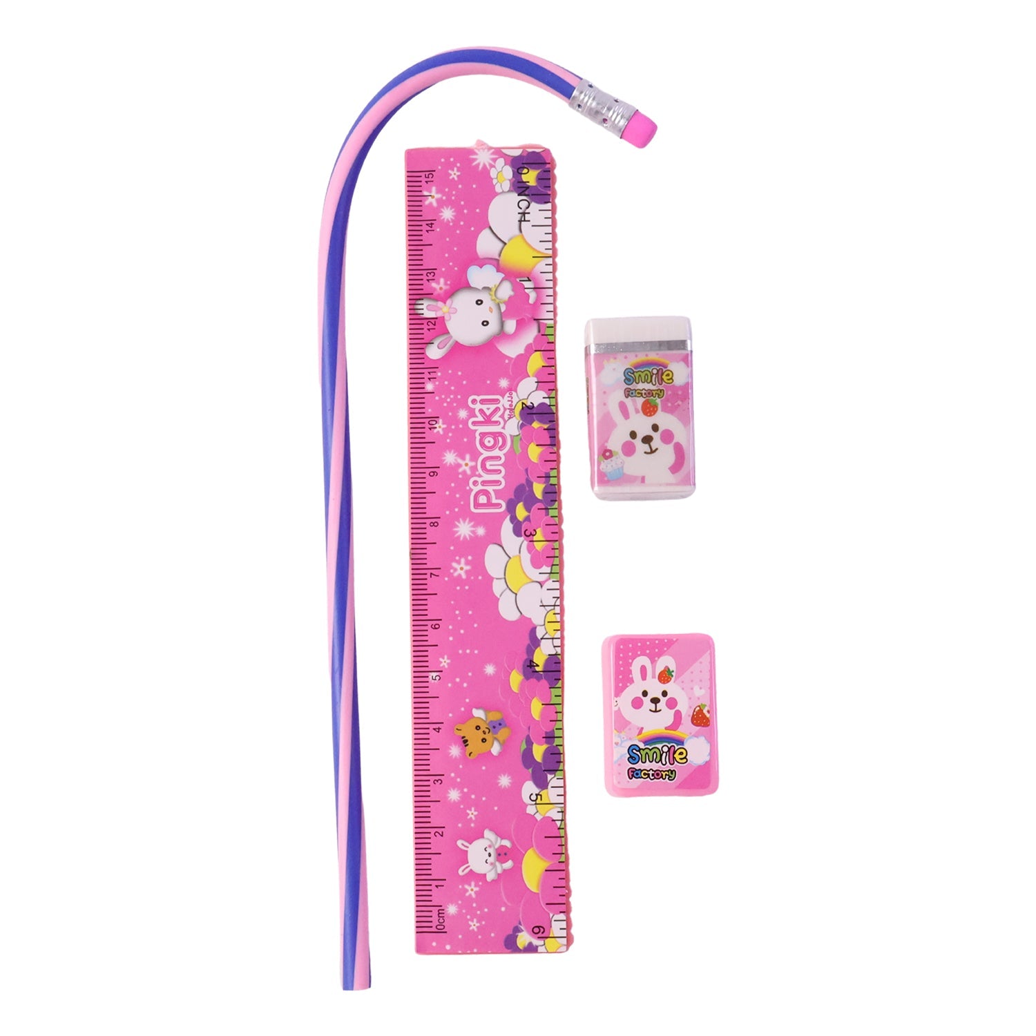 Flexible pink pencil and school supplies set for children