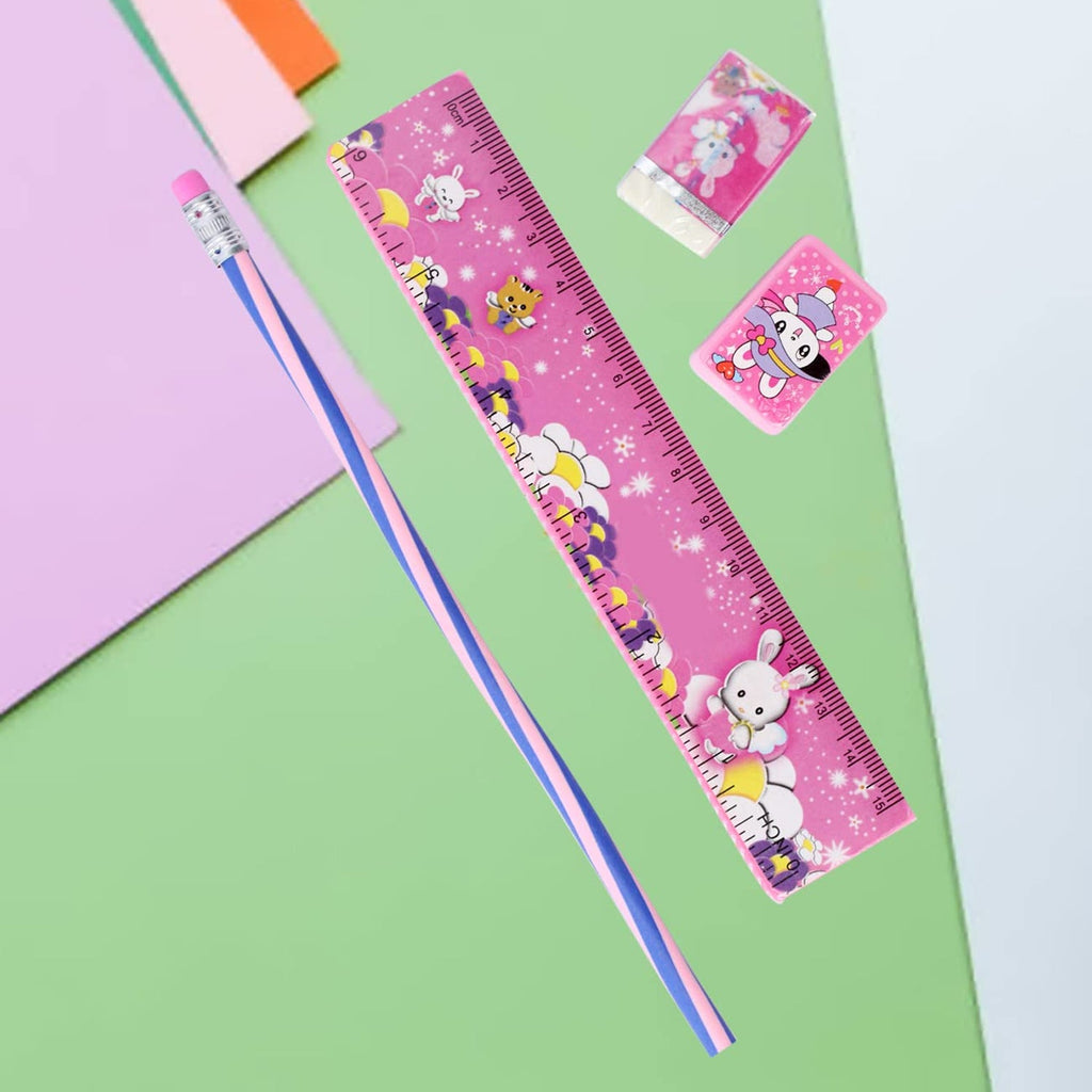 Fun pink stationery set including ruler, pencil, eraser, and sharpener