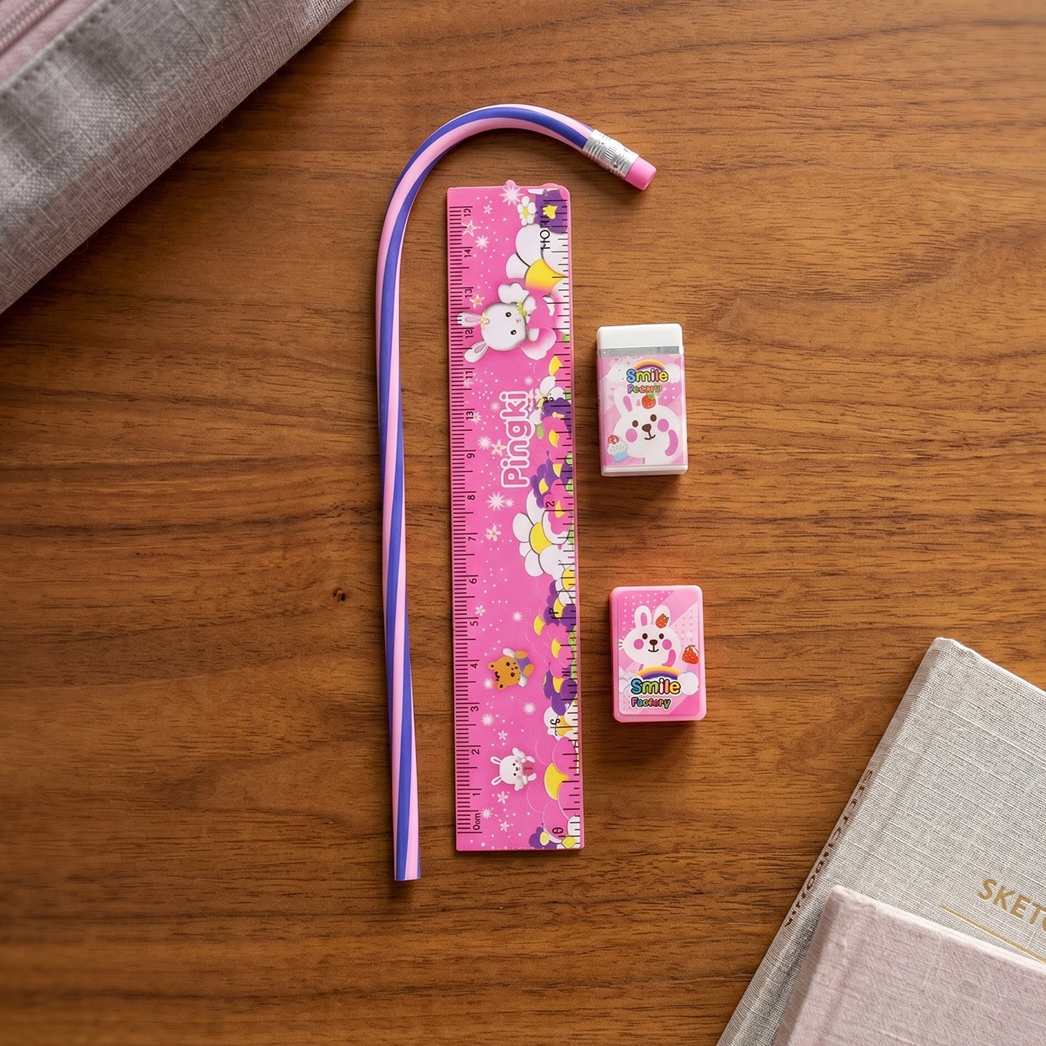 Colorful kids stationery kit with engaging pink design