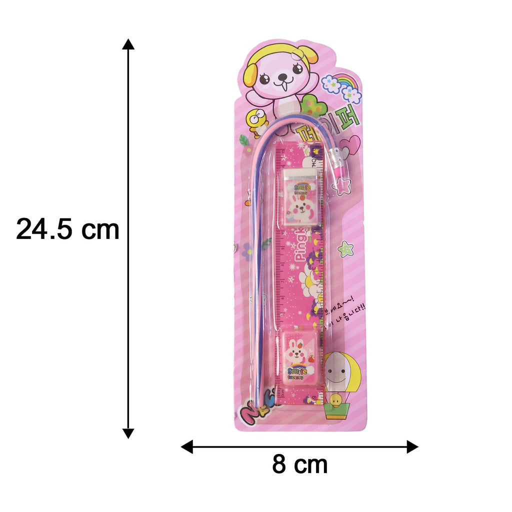 Bright pink stationery tools for kids: ruler, pencil, eraser, sharpener