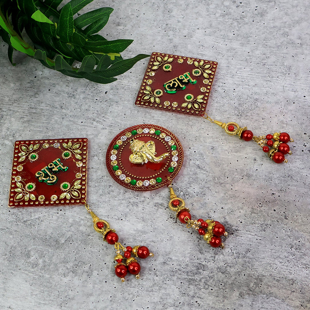 Festive Shubh Labh Ganesh wall hanging set with detailed bead embellishments