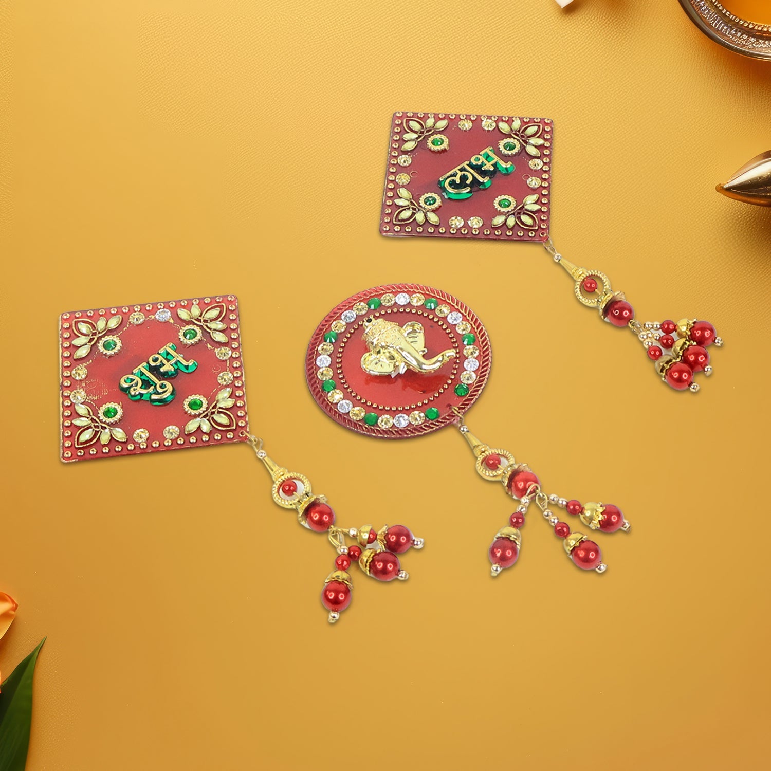 Traditional Ganesh design wall hanging set as part of Shubh Labh decor