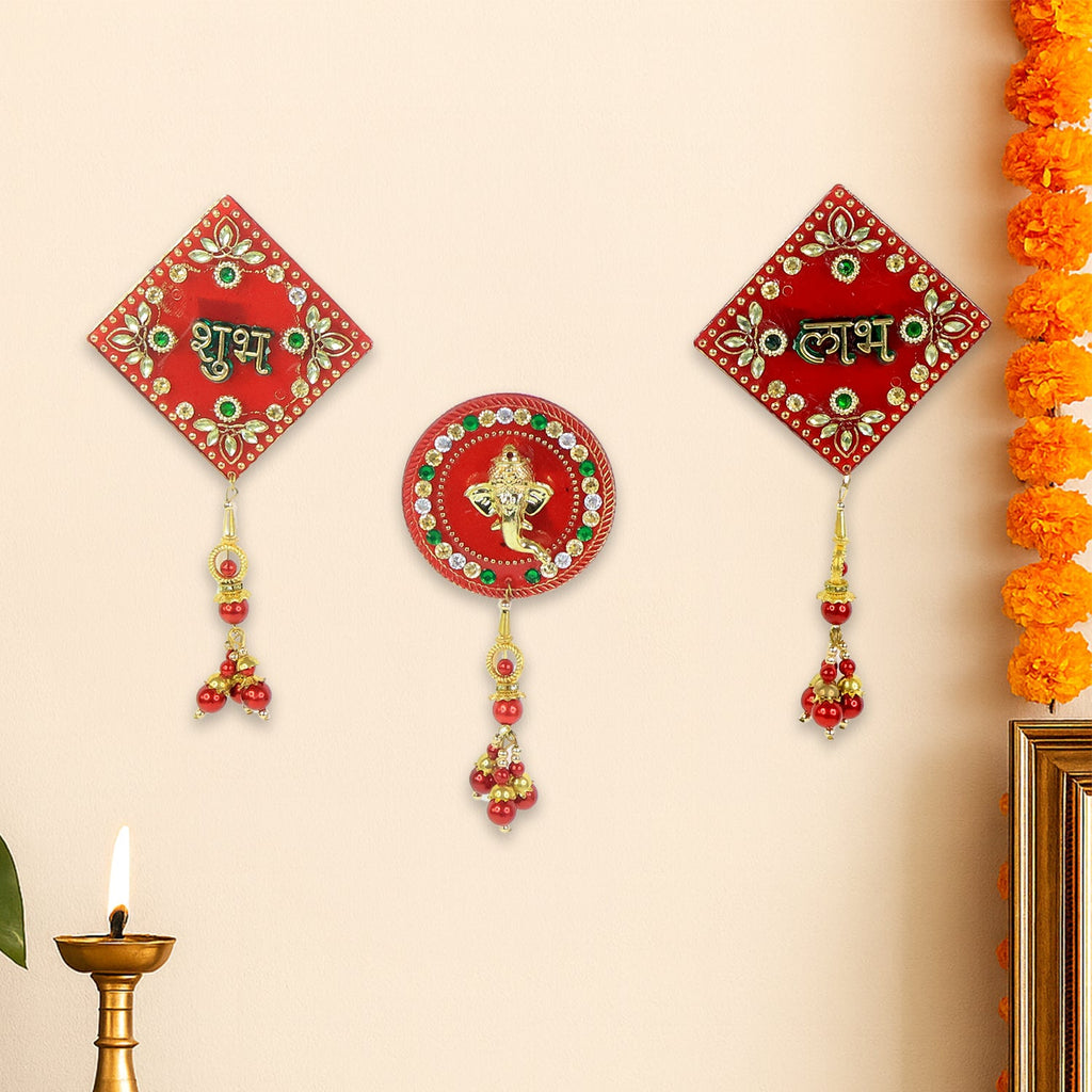 Festive decorative wall hanging set with Shubh Labh and Ganesh motifs