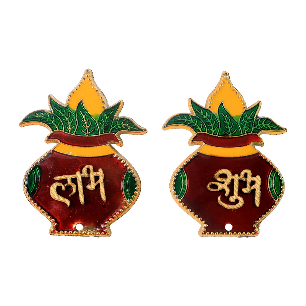 Brightly colored Shubh Labh Kalash wall hangings enhancing festive atmosphere