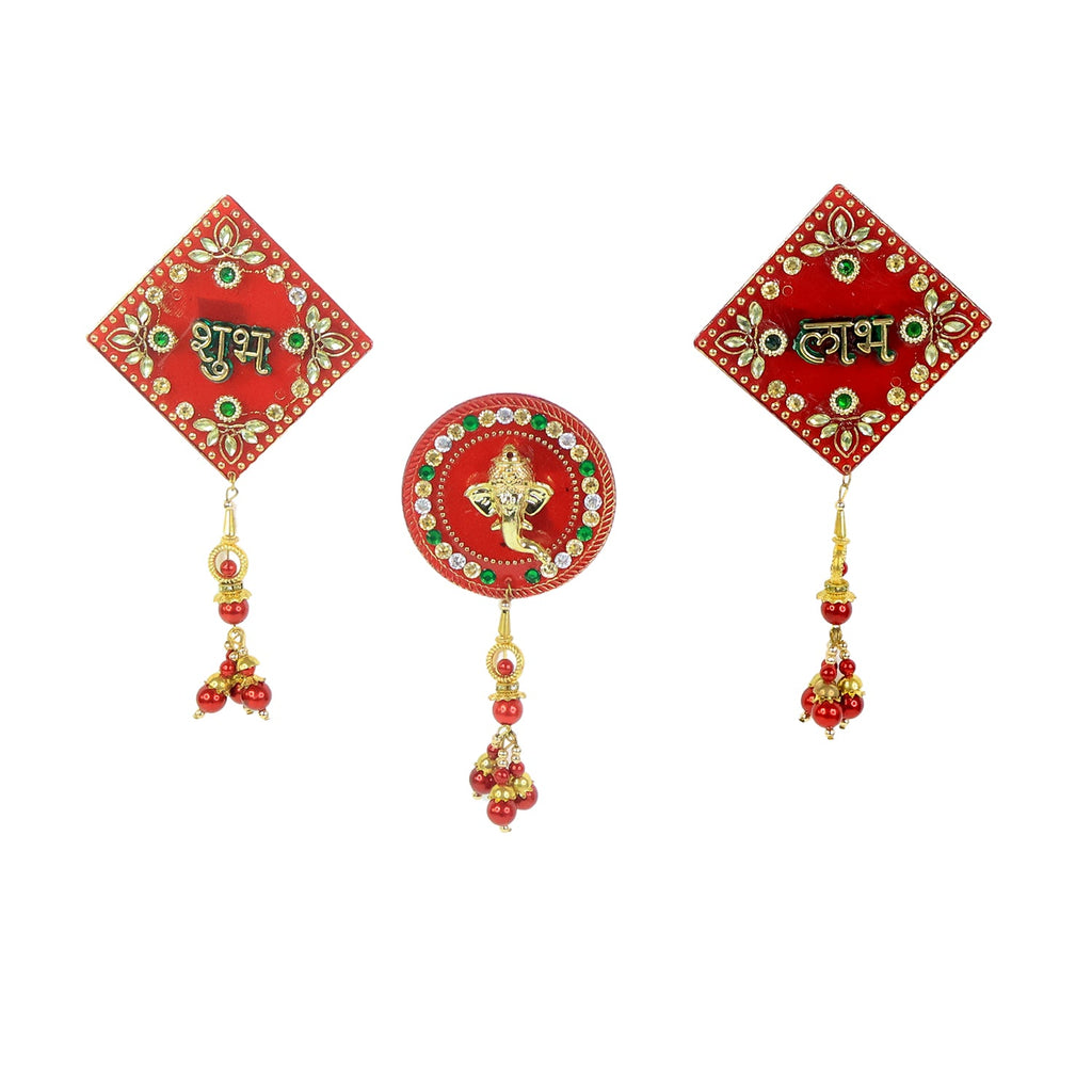 Close-up of intricate Shubh Labh and Ganesh bead-decorated wall hanging