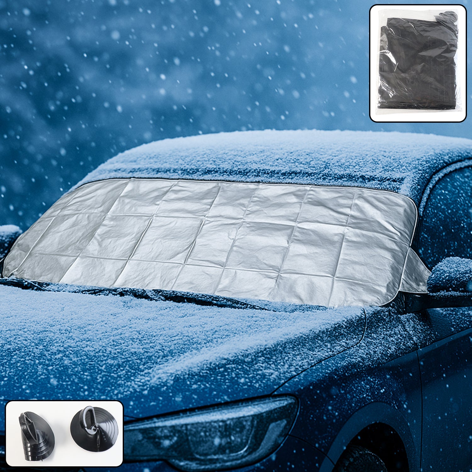 Universal car windshield snow and sun protection cover securely fitted on vehicle