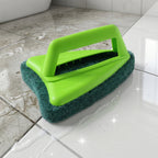 Detail of the triangular head design of the tile scrubber for reaching tough corners.
