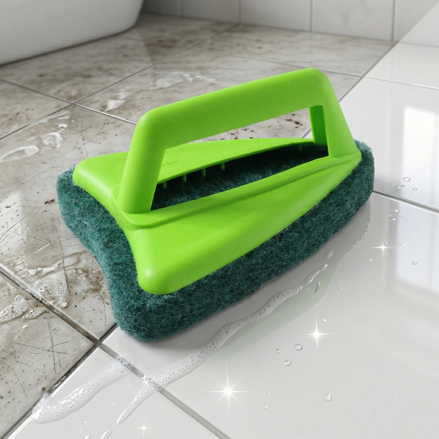Detail of the triangular head design of the tile scrubber for reaching tough corners.