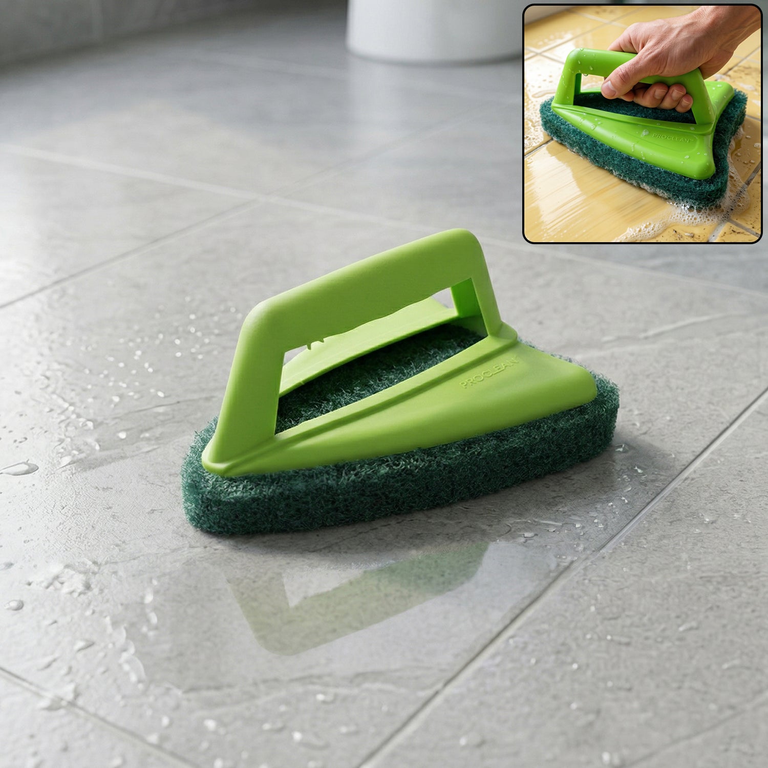 Front view of the Pro Clean Bathroom Tile Scrubber with abrasive head and handle.