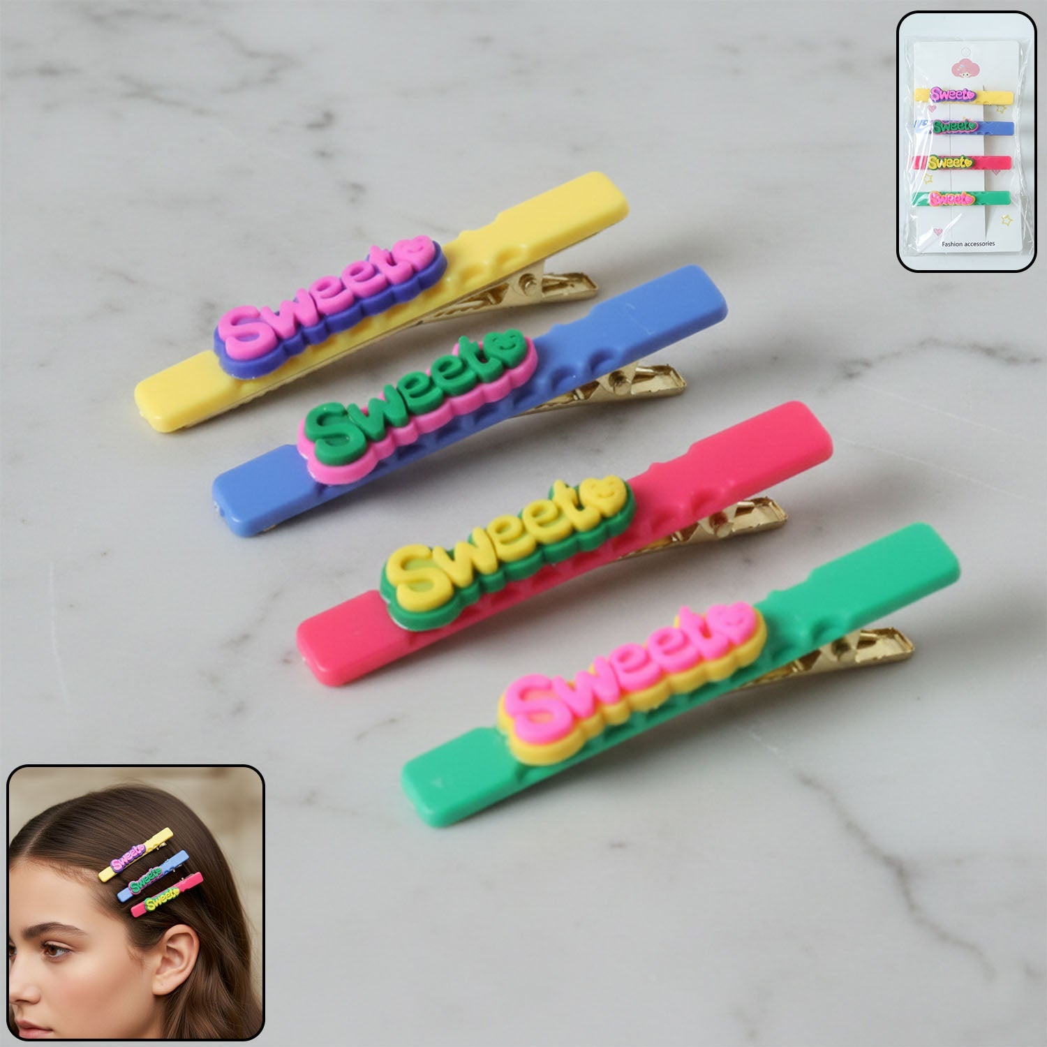 Set of four Sweet text multicolor hair clips for girls