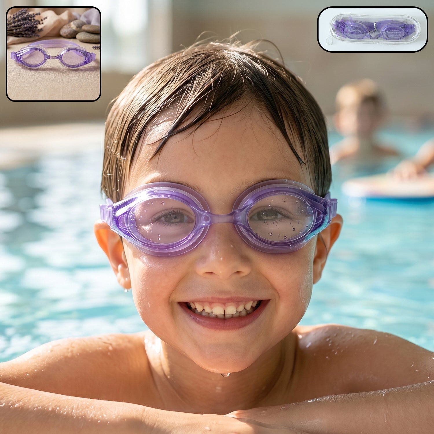 Kids lightweight swimming goggles with flexible frame and leak proof seal