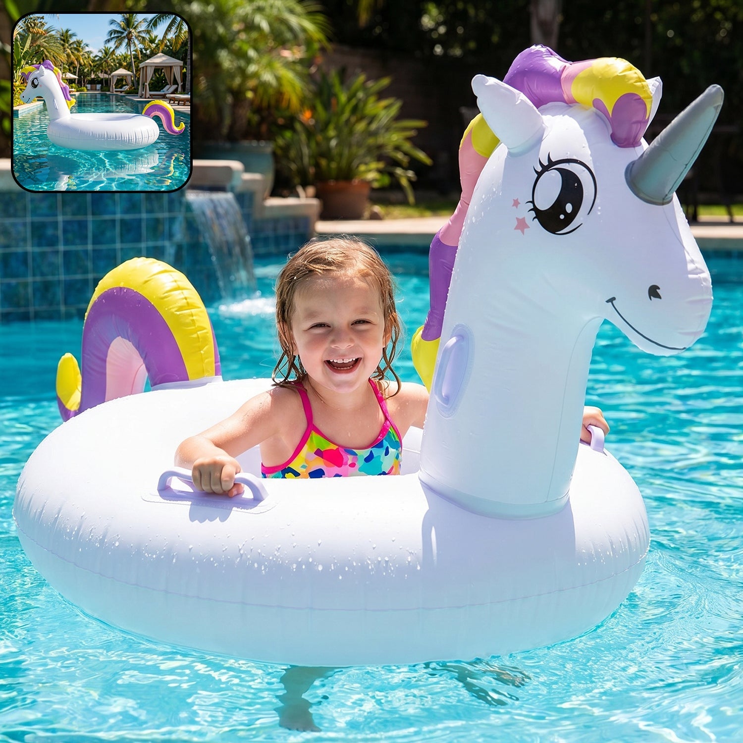 Children's inflatable pool float with unicorn design and safety handles