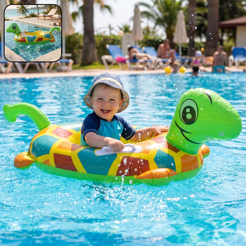 Kids inflatable turtle swim ring with handle grip