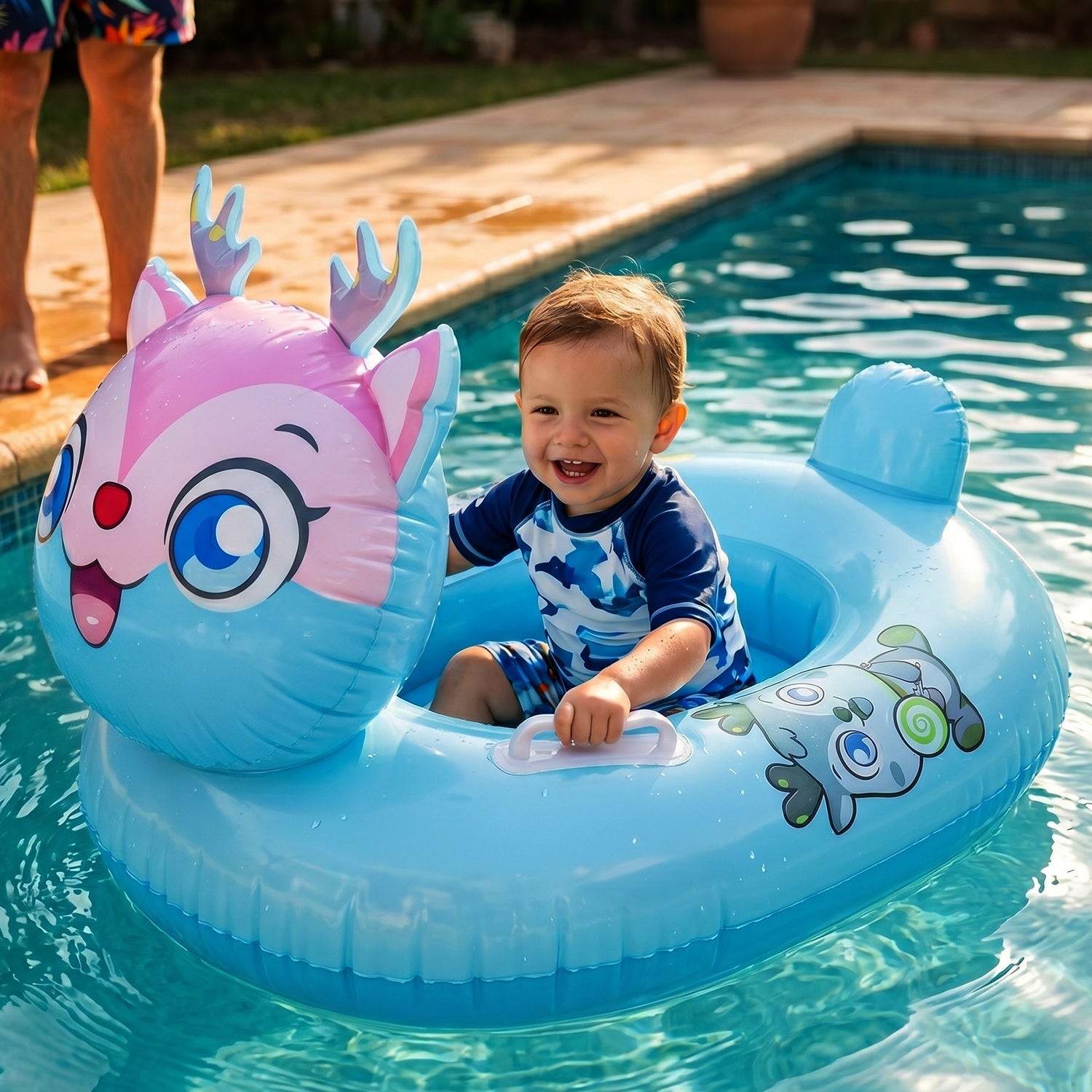 Inflatable kids swim tube with easy grip handle for water support