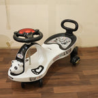Rear view of baby swing car ride-on toy with stable and smooth wheels