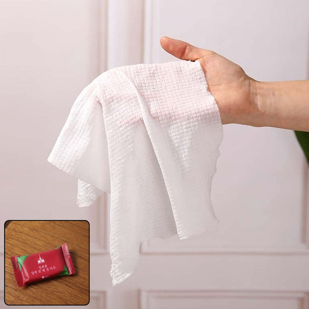 Packaging of the compact disposable travel towel.
