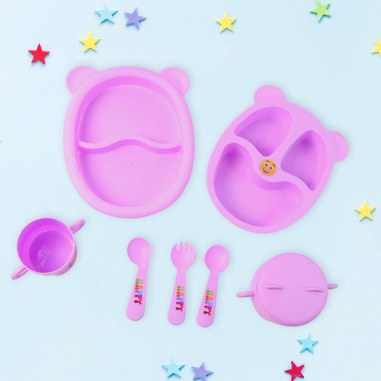 Children’s Tableware pieces laid out showcasing lightweight, durable plastic