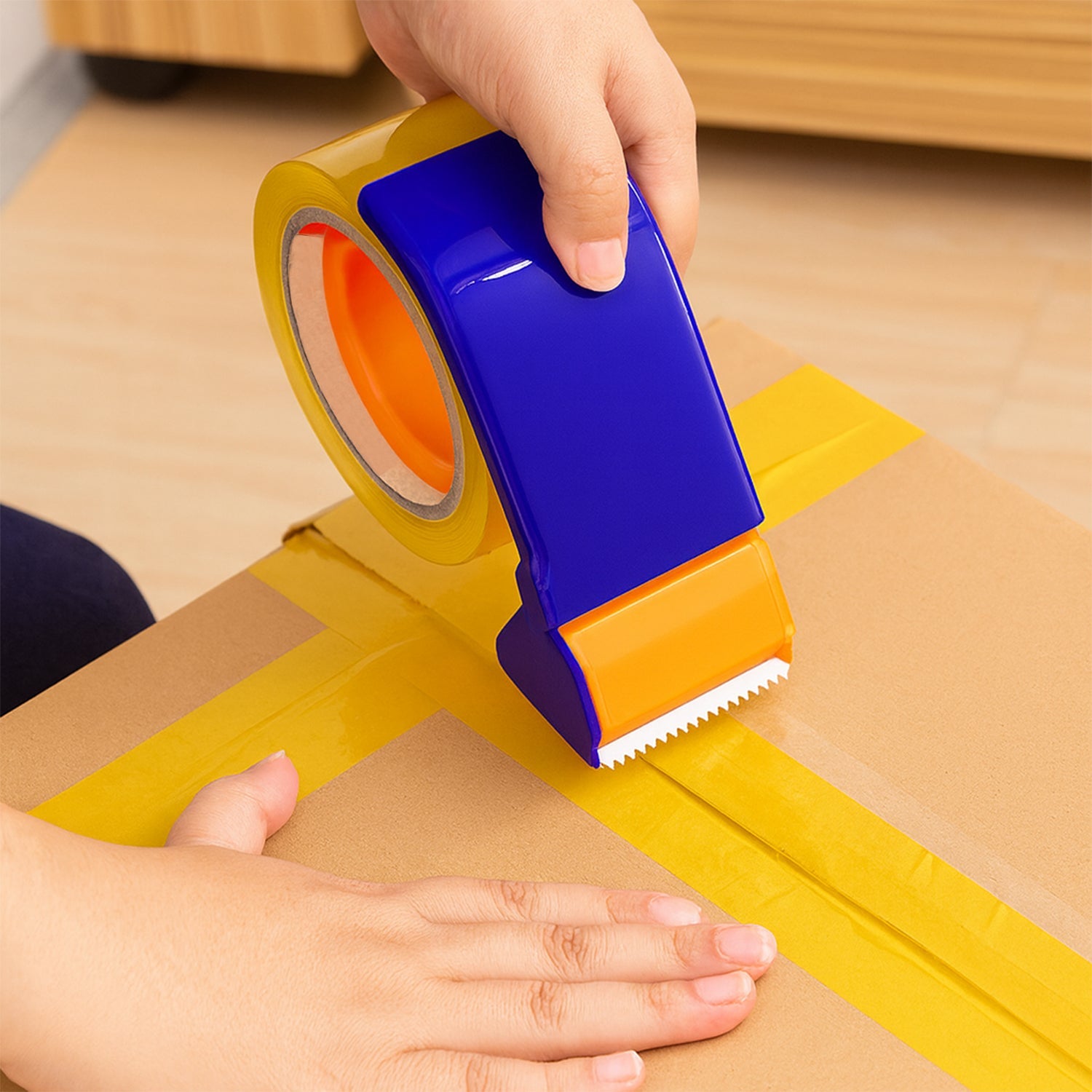 Ergonomic handheld 45mm tape dispenser for packaging tasks