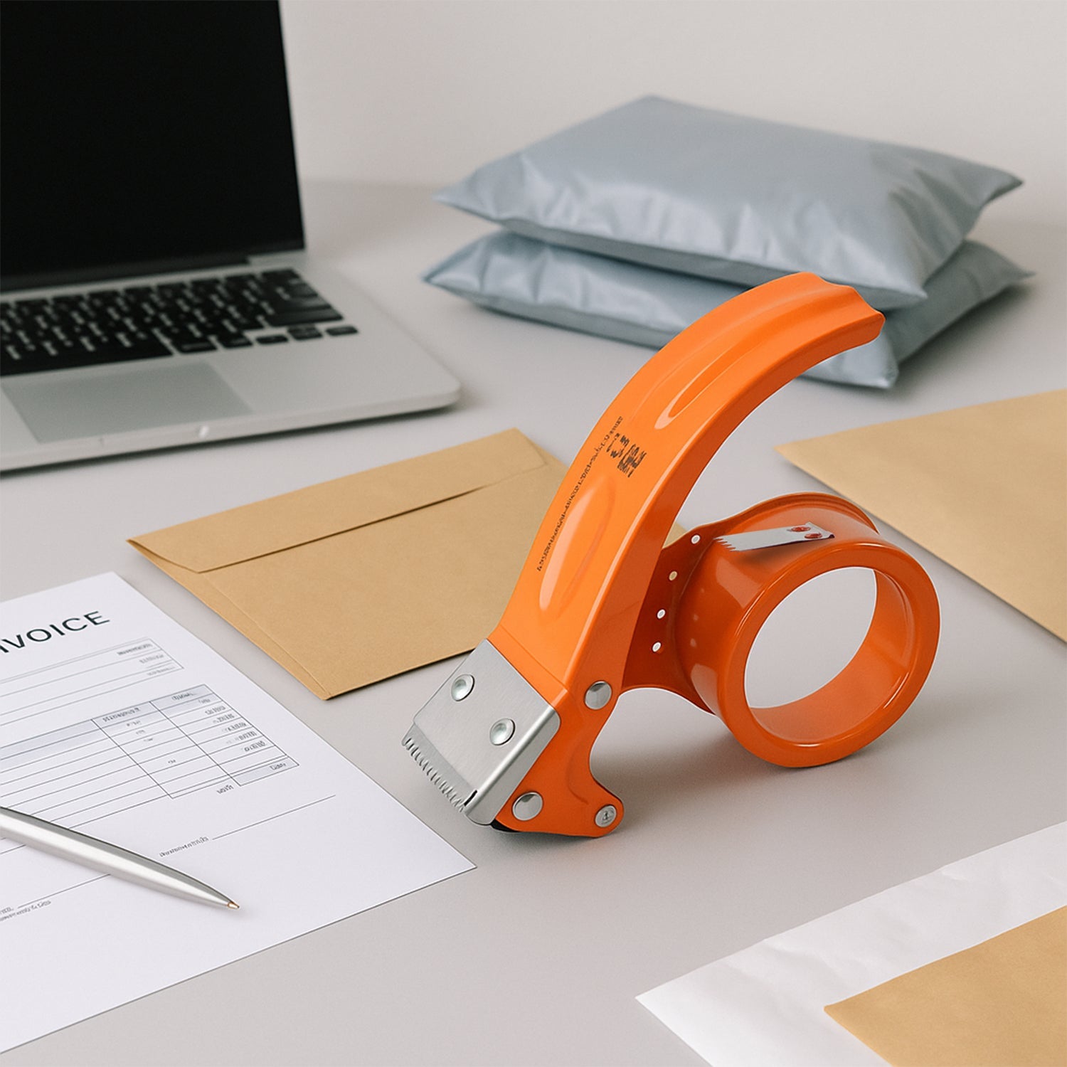 Close-up of the sharp steel blade on a 50mm packing tape dispenser.