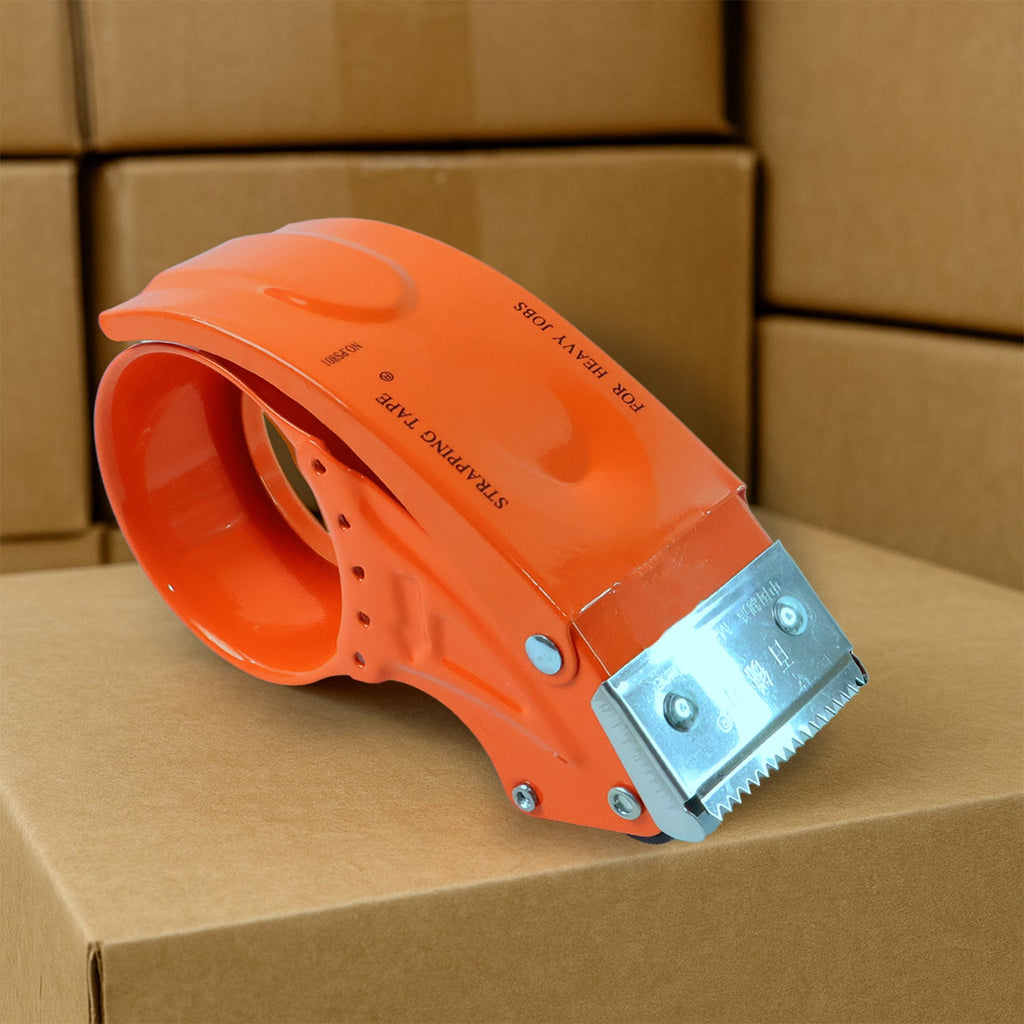 Handheld 50mm packing tape dispenser on a clean white background.