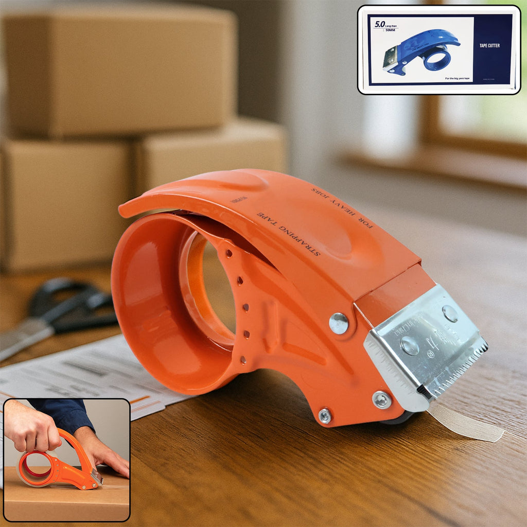 Heavy-duty 50mm packing tape dispenser with ergonomic grip.