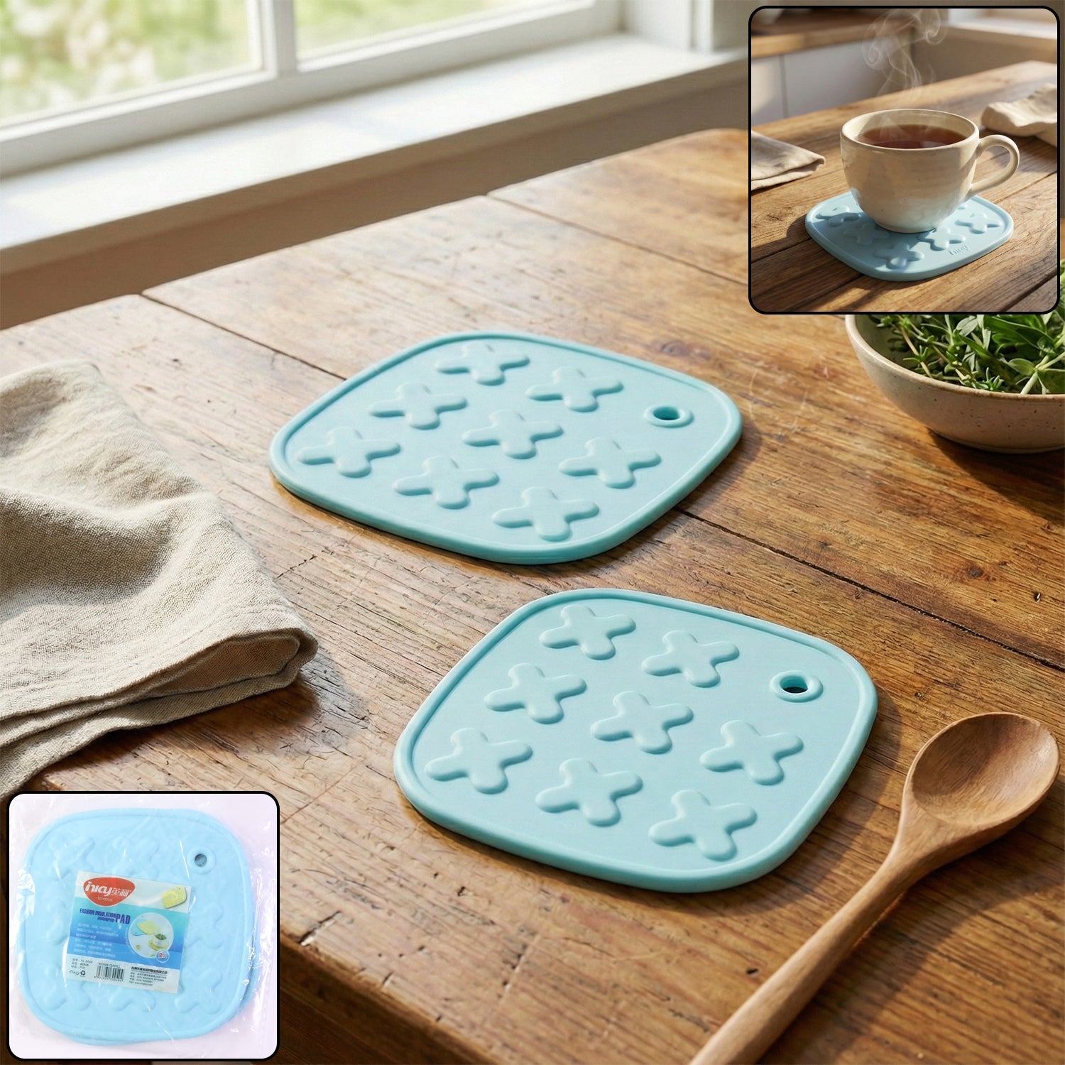 Two durable heat-resistant cup coasters and hot pot pads protecting table surfaces
