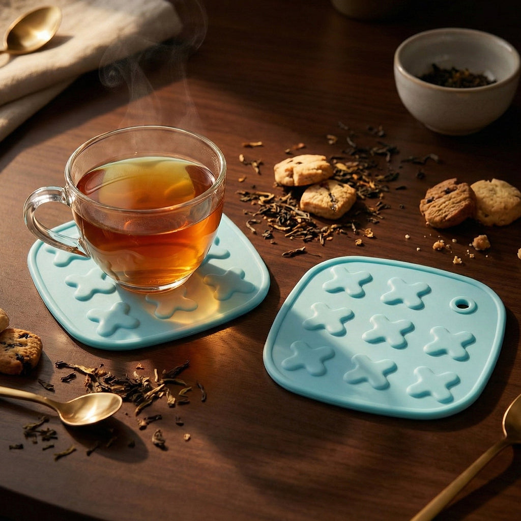 Cup coaster preventing heat damage from a hot beverage on wooden table