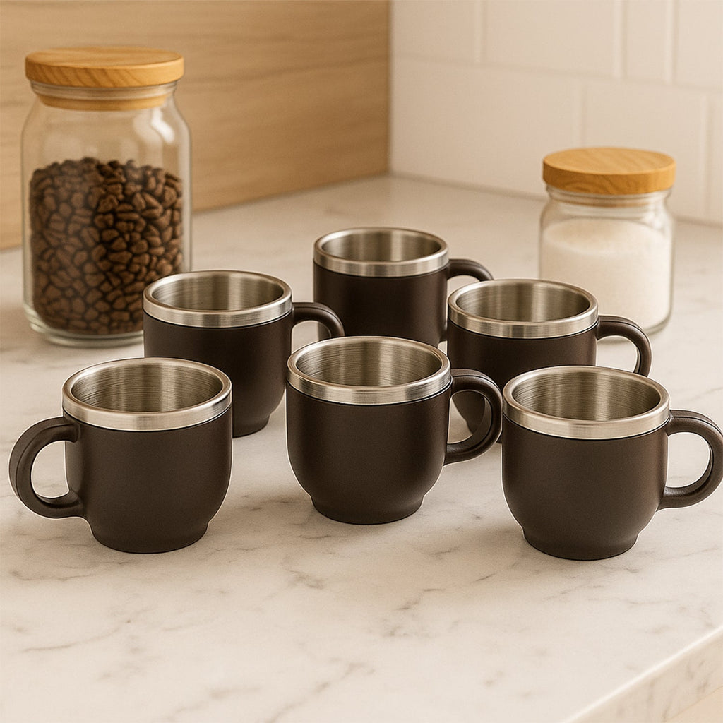 Double wall insulated stainless steel mugs ideal for hot coffee and cappuccino