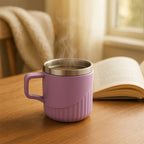 Stackable Tea Coffee Cups with ribbed outer sleeve, ideal for space-saving storage.