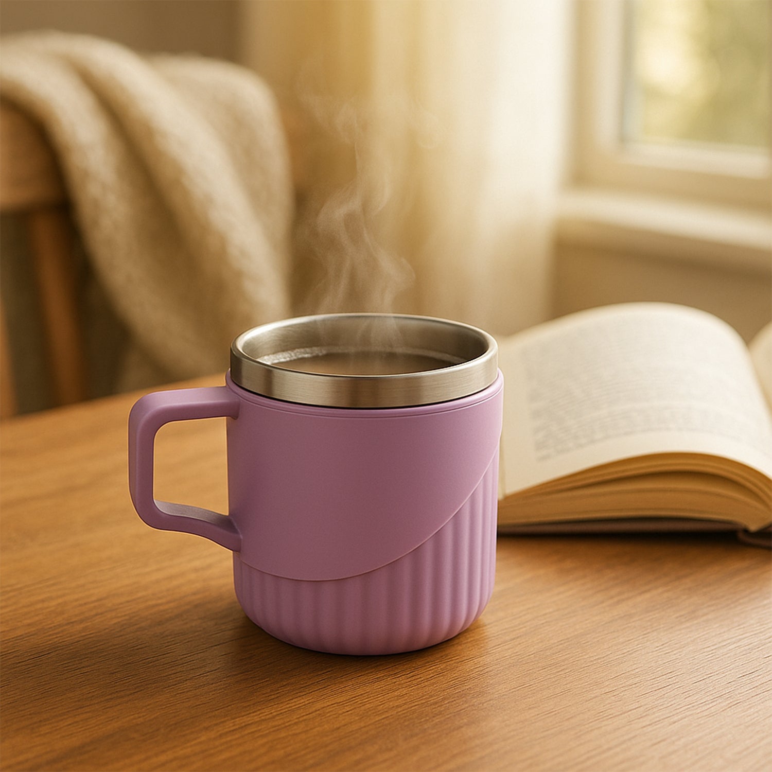 Stackable Tea Coffee Cups with ribbed outer sleeve, ideal for space-saving storage.