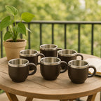 Multiple angles of premium stainless steel cappuccino mugs with matte brown exterior