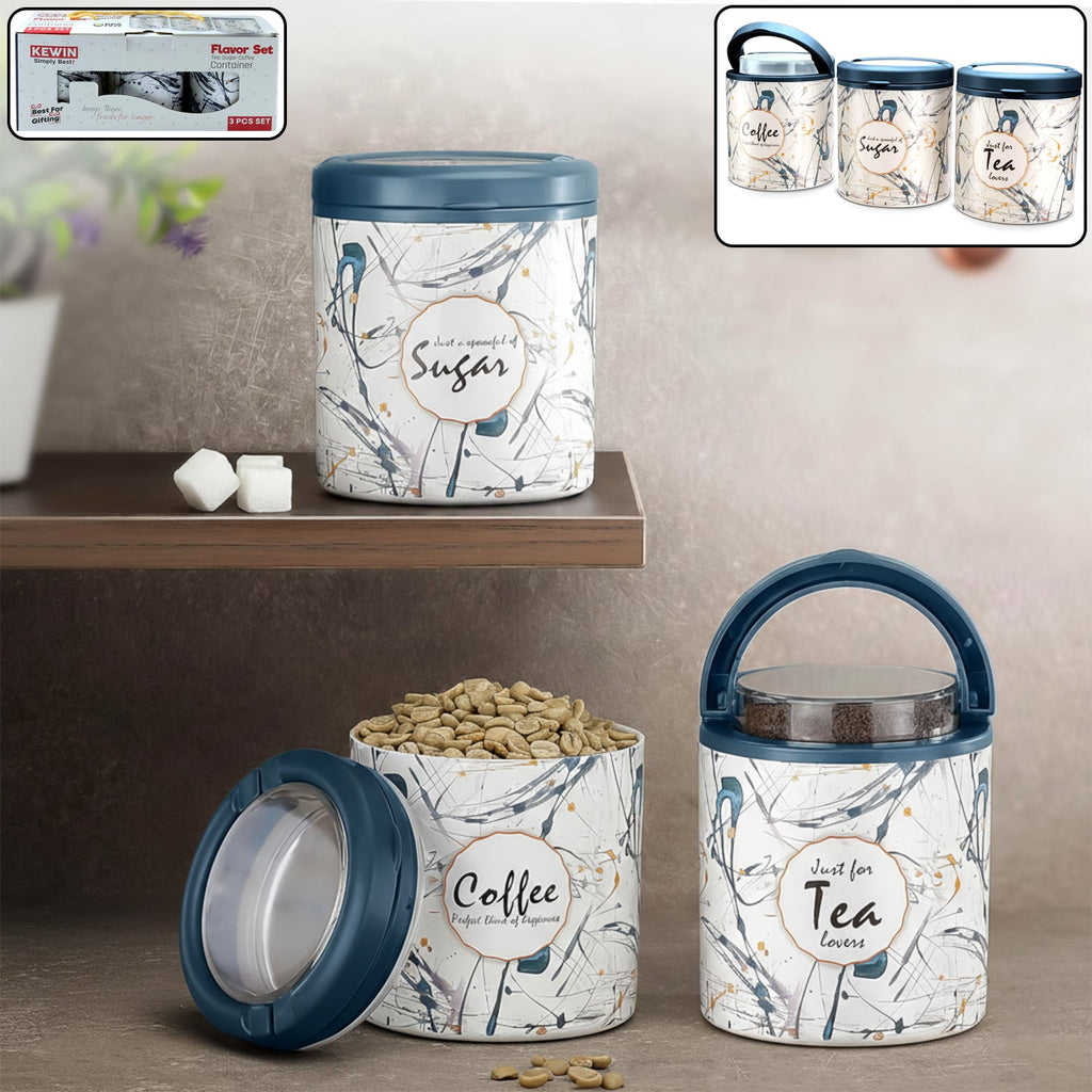Plastic airtight storage canister set with flavor prints for tea, coffee, and sugar