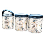 Compact cylindrical plastic container set for tea, coffee, and sugar storage