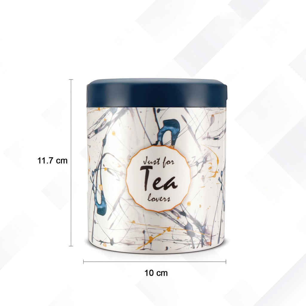 Three plastic storage containers labeled for tea, coffee, and sugar with printed designs