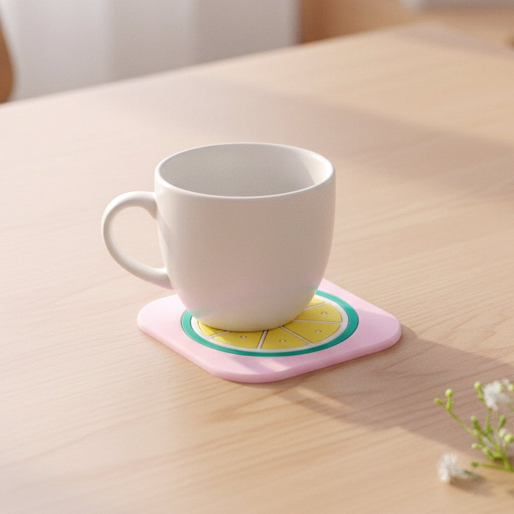 Selection of colorful fruit-themed silicone drink coasters including lemon design