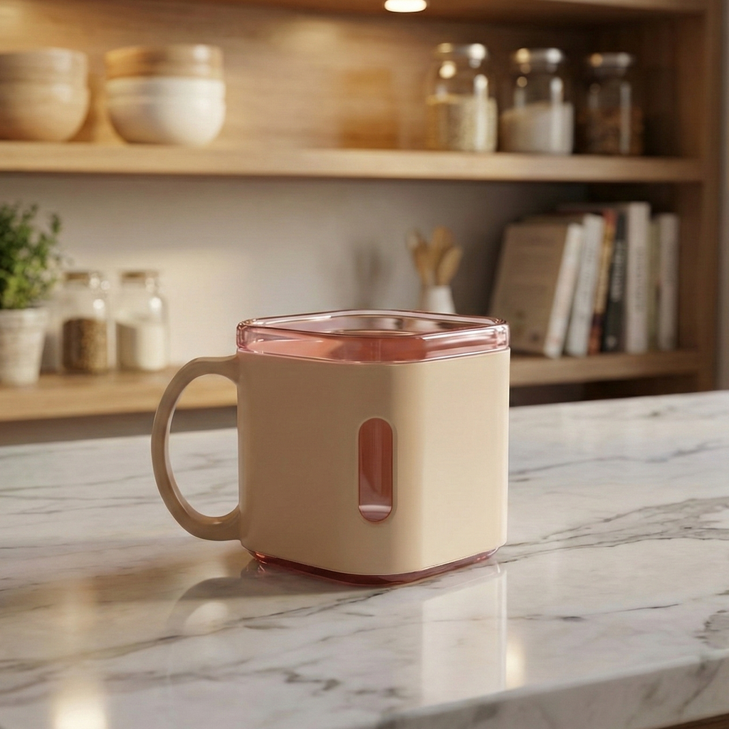 Side profile of individual square tea cup with handle