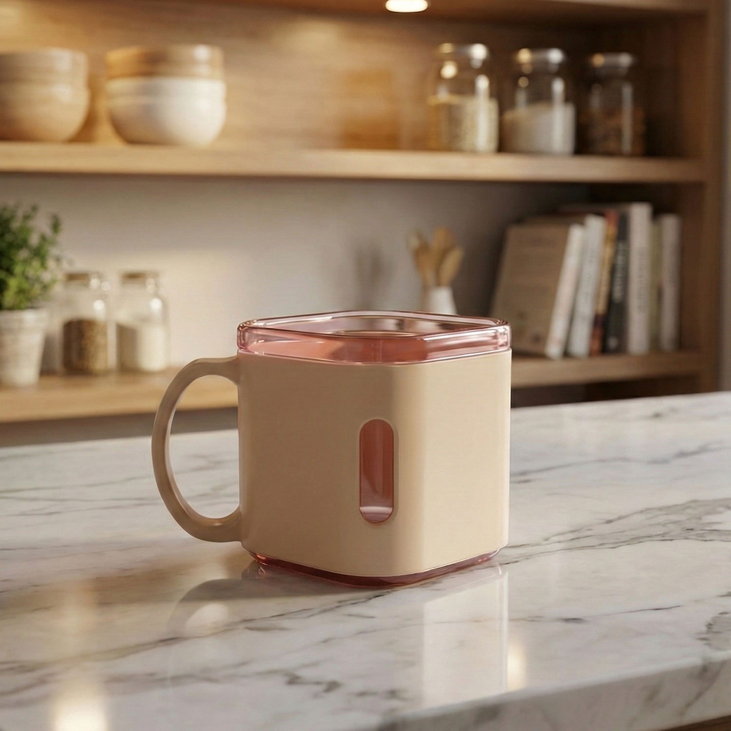 Side profile of individual square tea cup with handle
