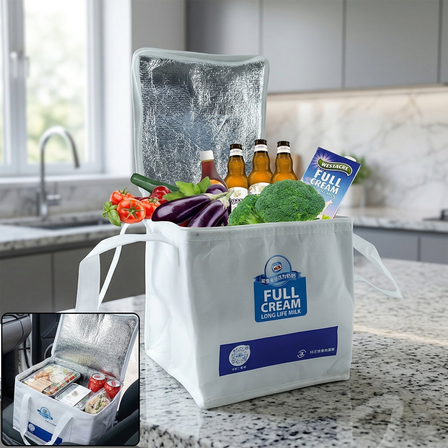 Insulated thermal lunch bag with aluminium foil lining for hot and cold meals