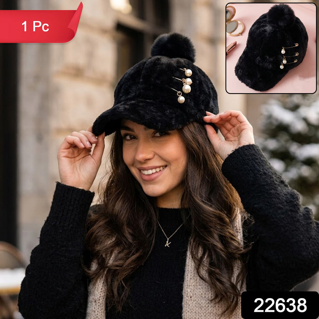 Side view of cozy winter fur cap with pom pom accessory