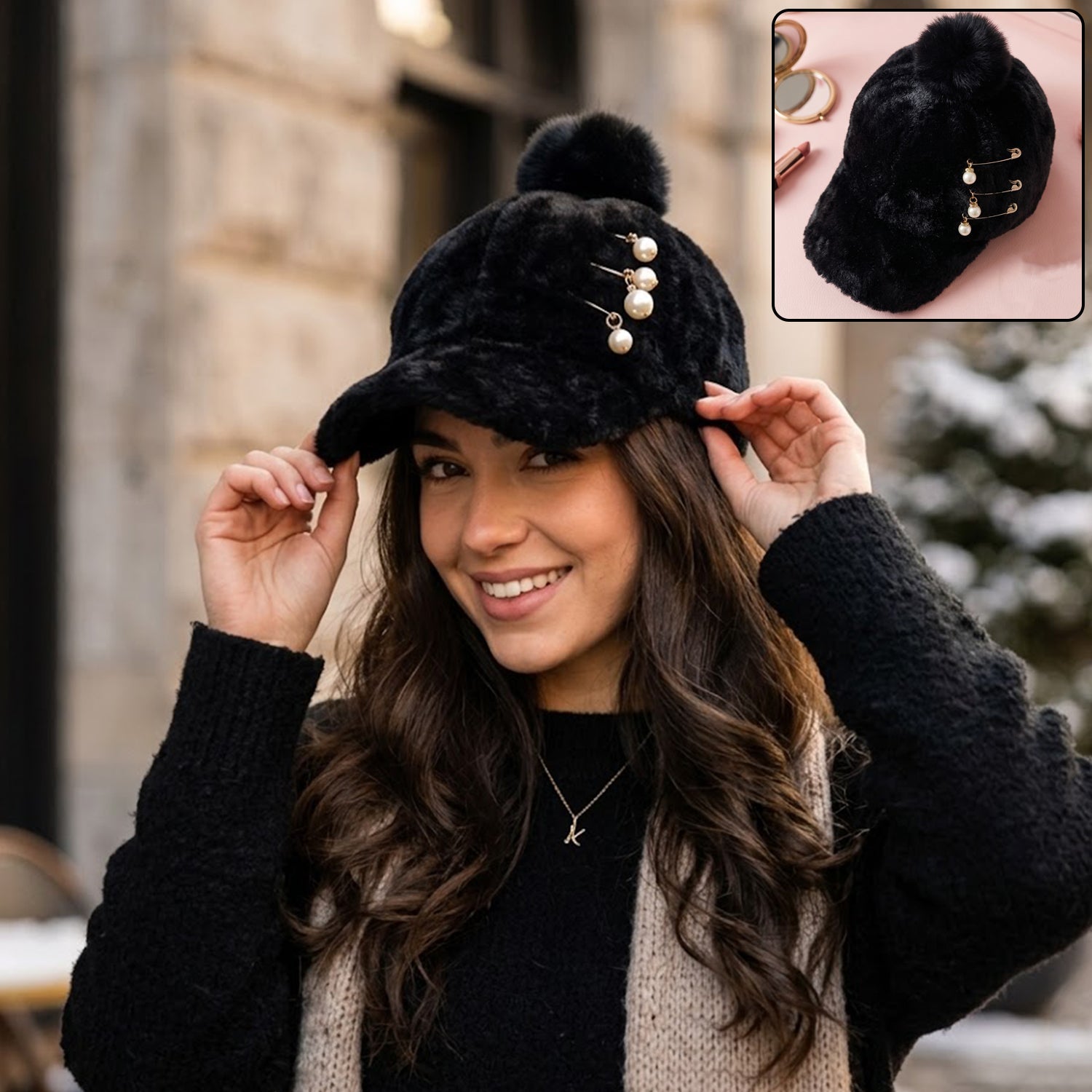 Elegant winter fur cap with pom pom and pearl chain detailing