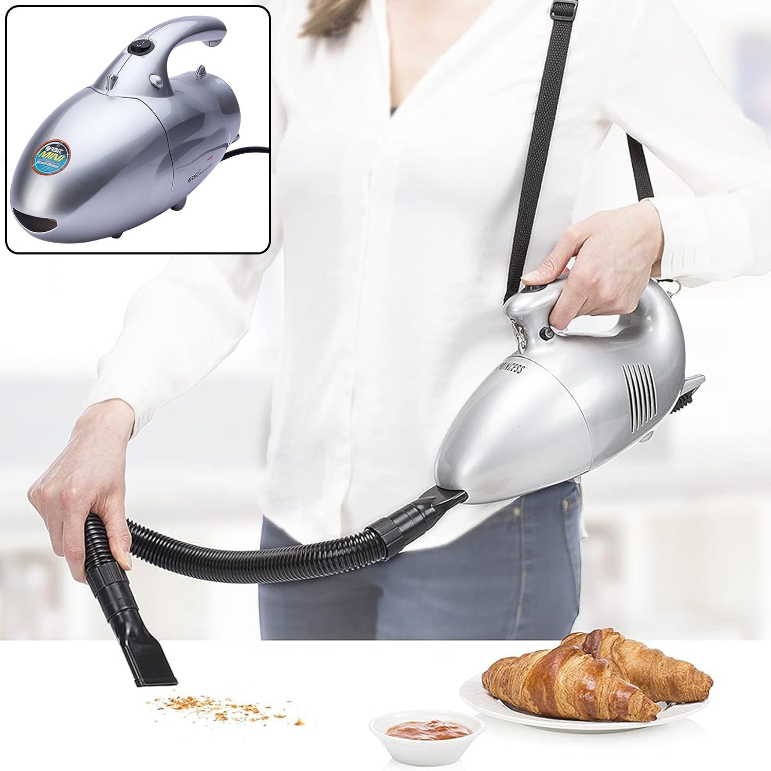 Angled view of Orbit mini vacuum cleaner showing durable ABS plastic body