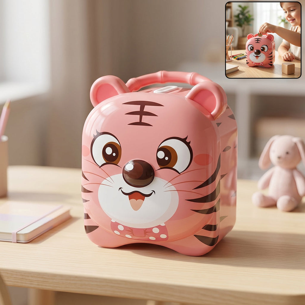 Playful metal piggy bank with secure locking mechanism